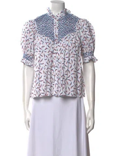 Pre-owned Loretta Caponi Printed Mock Neck Blouse W/ Tags In White