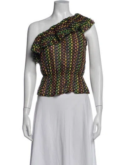 Pre-owned Loretta Caponi Printed One-shoulder Blouse In Green