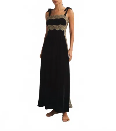 Loretta Caponi Sabina Sleeveless Tie Shoulder Lace Detail Velvet Dress In Black
