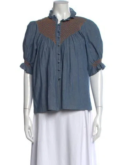 Pre-owned Loretta Caponi Short Sleeve Blouse In Blue