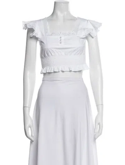 Pre-owned Loretta Caponi Square Neckline Short Sleeve Crop Top In White