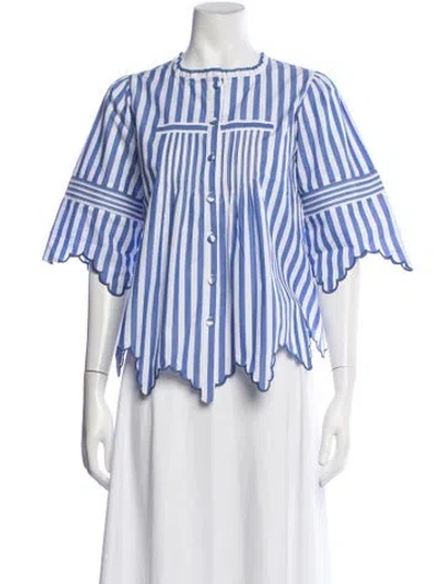 Pre-owned Loretta Caponi Striped Crew Neck Blouse In Blue/white
