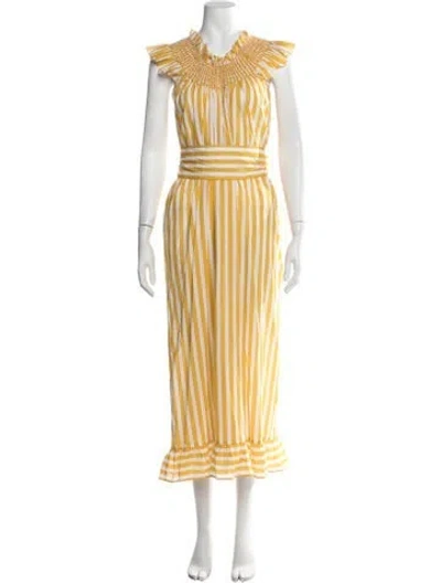Pre-owned Loretta Caponi Striped Midi Length Dress In Yellow