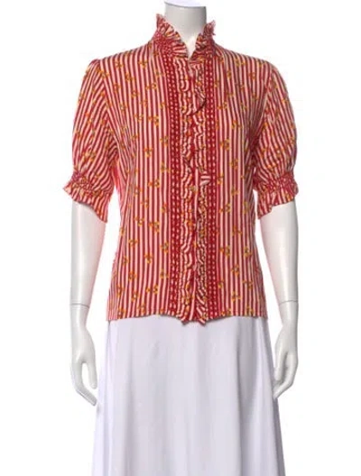 Pre-owned Loretta Caponi Striped Short Sleeve Blouse In Red