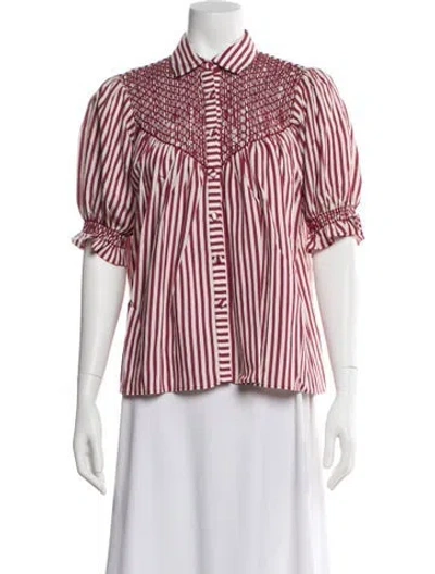 Pre-owned Loretta Caponi Striped Short Sleeve Blouse W/ Tags In Burgundy