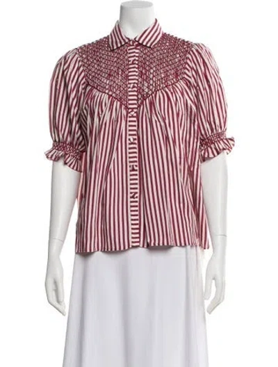 Pre-owned Loretta Caponi Striped Short Sleeve Blouse W/ Tags In Burgundy