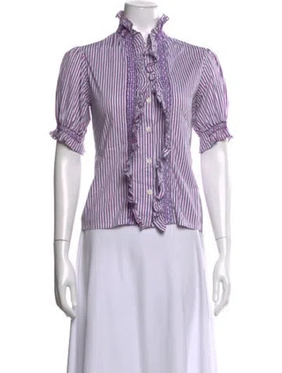Pre-owned Loretta Caponi Striped Short Sleeve Blouse In White