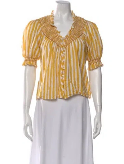 Pre-owned Loretta Caponi Striped V-neck Blouse In Yellow