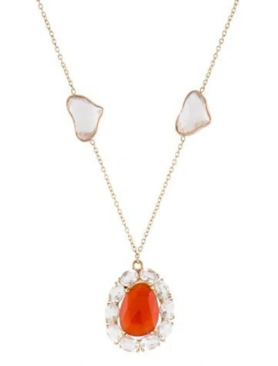 Pre-owned Loretta Castoro 14k Carnelian, Rose Quartz & Topaz Pendant Necklace, 18" In Multi