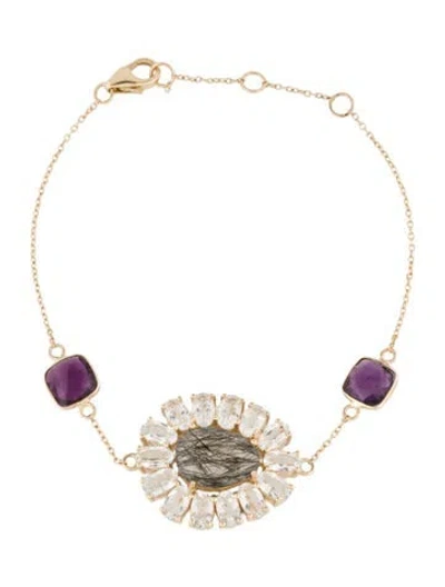 Pre-owned Loretta Castoro 14k Tourmalinated Quartz, Topaz & Amethyst Station Bracelet, 7" In Multi