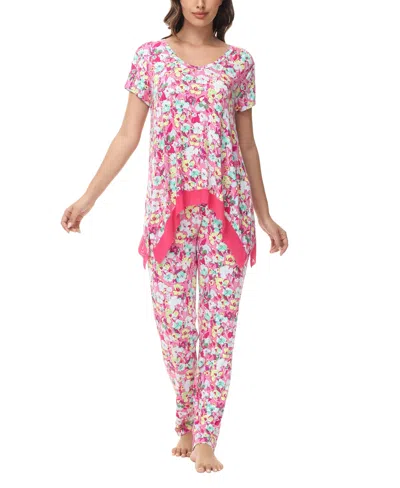Lori Goldstein Women's Printed Short Sleeve Tunic With Pant Pajama Set In Cutout Floral