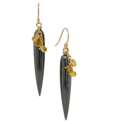 Lori Kaplan Design Women's Black / Gold / Yellow Hematite Drops With Yellow Sapphire Gold Earrings