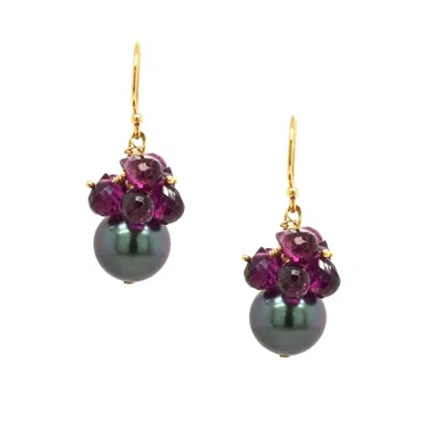 Lori Kaplan Design Women's Black / Red / Gold Black Tahitian Pearl Gold Earring With Purple Garnet Cluster In Multi