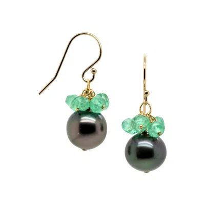 Lori Kaplan Design Women's Gold / Green / Black Black Tahitian Pearl With Green Opal Cluster Earrings