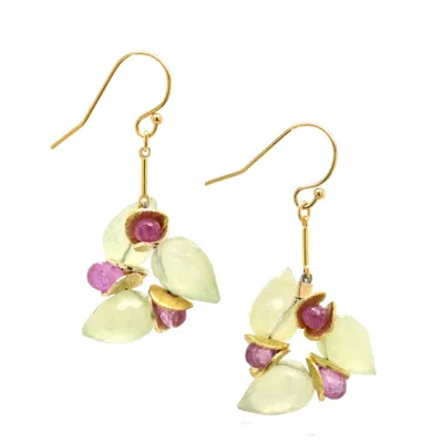 Lori Kaplan Design Women's Green / Pink / Gold Signature Prehnite Buds With Pink Sapphire Gold Earrings In Multi
