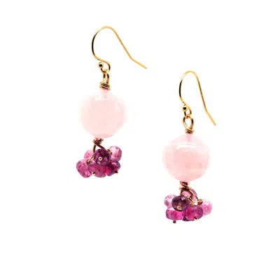 Lori Kaplan Design Women's Pink / Purple / Gold Morganite Rounds With Pink Tourmaline Cluster Gold Earrings