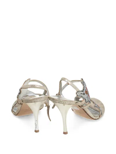 Pre-owned Loriblu 85mm Crystal-embellished Floral Sandals In Silver