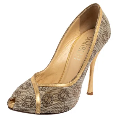 Loriblu Beige Canvas Monogram Peep Toe Pumps Size 38 In Brown
