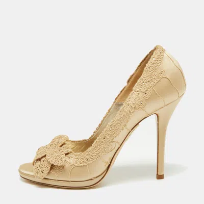 Loriblu Beige Satin And Lace Embroidered Peep Toe Pumps In Brown