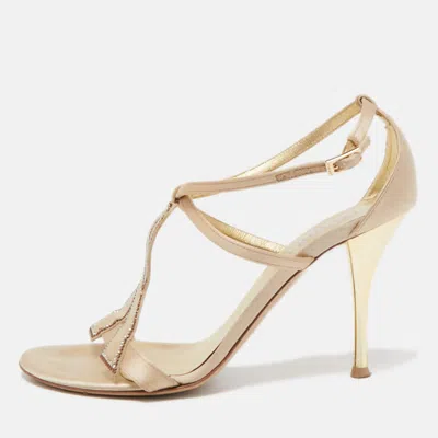 Loriblu Beige Satin Crystal Ankle Strap Sandals Size 38 In Brown