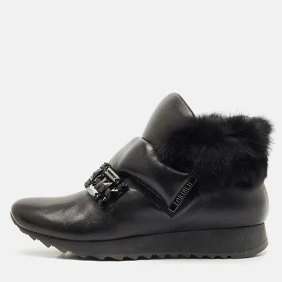 Pre-owned Loriblu Black Faux Fur And Leather Crystals Embellished Sneakers Size 41