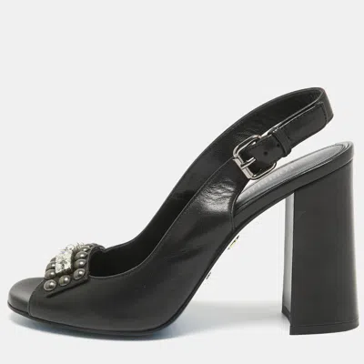 Pre-owned Loriblu Black Leather Crystal Embellished Peep Toe Slingback Pumps Size 40