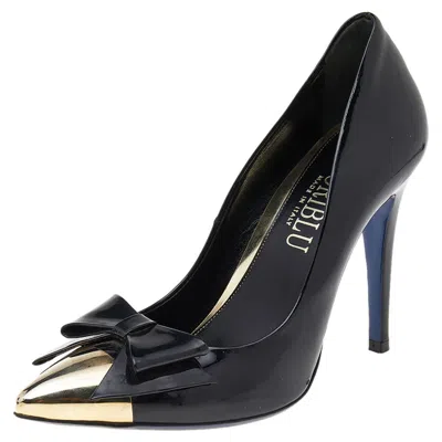 Loriblu Black Patent Leather Pointed Metal Cap Toe Pumps In Multi