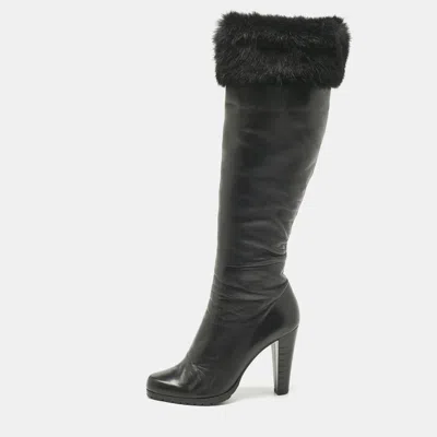 Pre-owned Loriblu Black Rabbit Fur And Leather Knee Length Boots Size 40.5