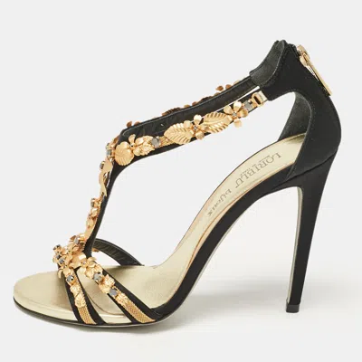 Pre-owned Loriblu Black Satin Floral Embellished Sandals Size 38