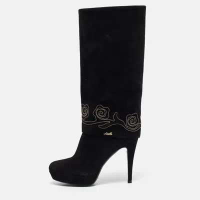 Loriblu Black Suede Cuff Embroidered Knee Length Boots
