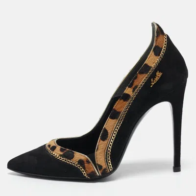 Pre-owned Loriblu Black/brown Leopard Calfhair And Suede Chain Detail Pumps Size 36.5