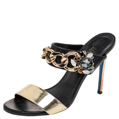 Loriblu Black/gold Leather Embellished Chain Detail Slide Sandals