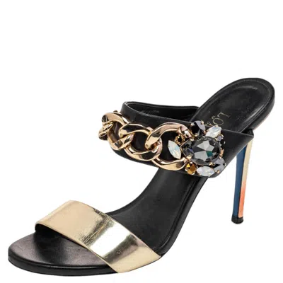 Loriblu Black/gold Leather Embellished Chain Detail Slide Sandals In Multi