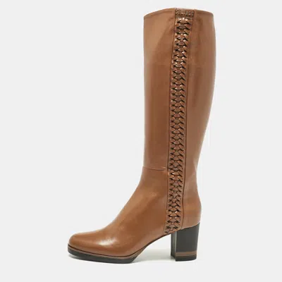 Pre-owned Loriblu Brown Leather Weave Detail Knee High Boots Size 38.5