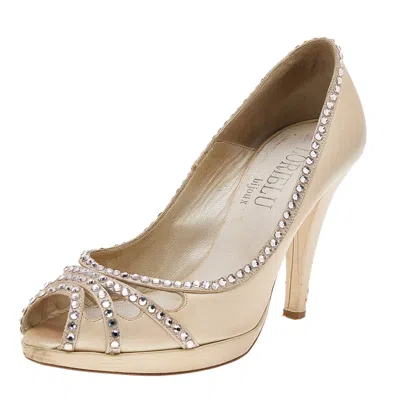 Loriblu Cream Leather Crystal Embellished Peep Toe Pumps Size 37 In Brown