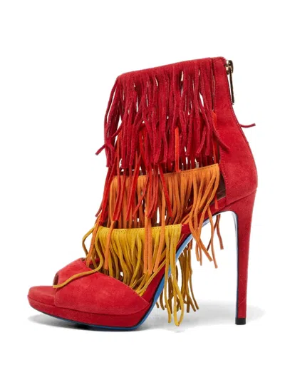 Pre-owned Loriblu Fringe Cut-out Sandals In Red