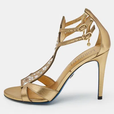 Pre-owned Loriblu Gold Leather Crystal Embellished Ankle Strap Sandals Size 38
