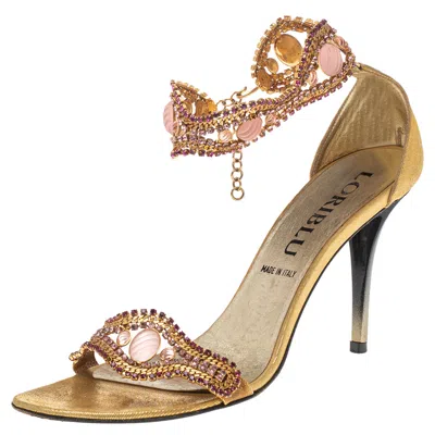 Loriblu Gold Tone Metal And Suede Embellished Ankle Cuff Sandals In Brown