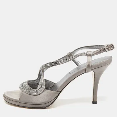 Loriblu Grey Satin Crystal Embellished Ankle Strap Sandals In Gray