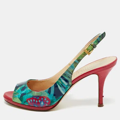 Loriblu Multicolor Patent Leather Printed Flower Peep Toe Slingback Pumps In Green
