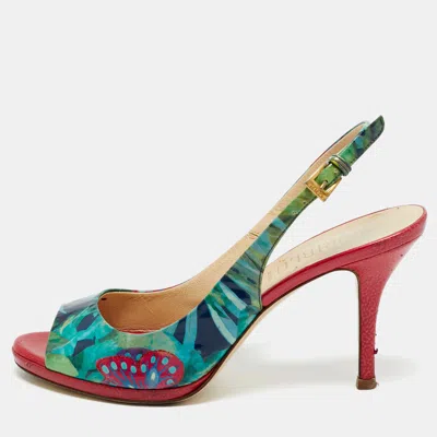 Pre-owned Loriblu Multicolor Patent Leather Printed Flower Peep Toe Slingback Pumps Size 36