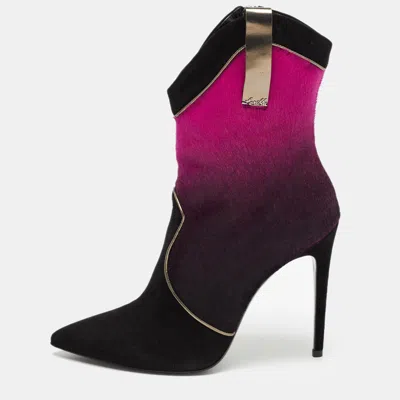 Pre-owned Loriblu Purple/black Ombre Calf Hair And Suede Pointed Toe Ankle Boots Size 41
