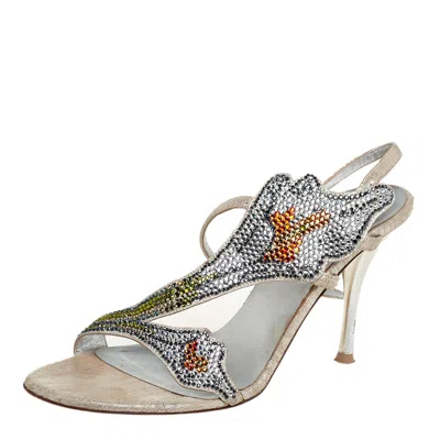 Loriblu Silver Fabric Crystal Embellished Sandals