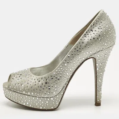 Pre-owned Loriblu Silver Satin Crystal Embellish Peep Toe Pumps Size 35