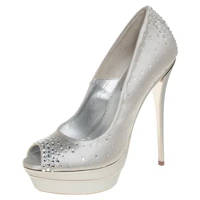 Loriblu Silver Satin Crystal Embellished Peep Toe Platform Pumps
