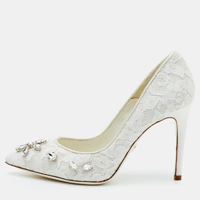 Pre-owned Loriblu Size 37 White Lace And Satin Pointed Toe Crystal Embellished Pumps