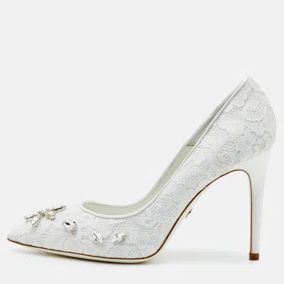 Pre-owned Loriblu Size 38.5 White Lace And Satin Pointed Toe Crystal Embellished Pumps