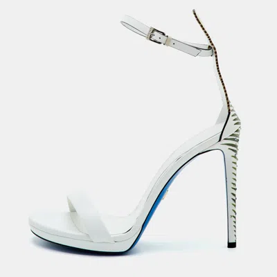Pre-owned Loriblu Size 39 White Leather Leaf Crystal Embellished Ankle Strap Sandals