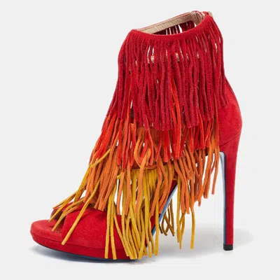 Loriblu Tri Color Suede Fringe Detailed Ankle Strap Sandals In Red