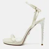Loriblu White Satin Crystal Embellished Heel Ankle Strap Sandals In White